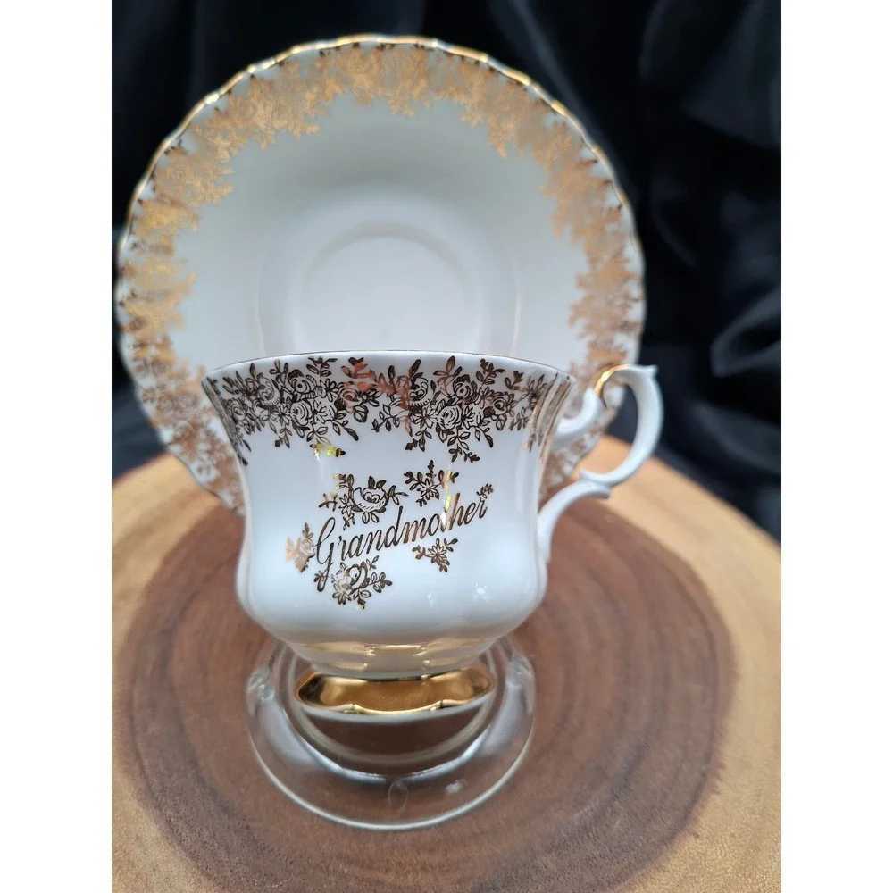 Royal Albert Grandmother Teacup and Saucer Set Gold Filigree Bone China England